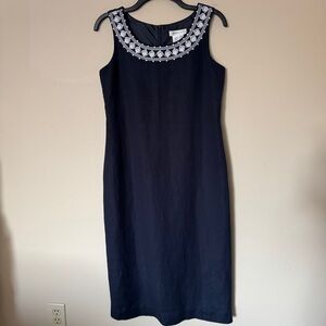 Coldwater Creek Dress Women's Size P6 Blue Linen/Rayon Sleeveless Embroidered